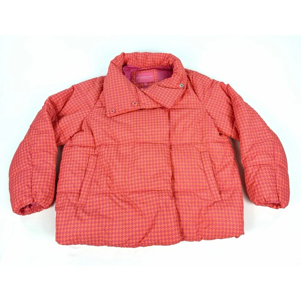 Isaac Mizrahi Live Puffer Jacket Women's Medium Pink Orange Houndstooth Coat
